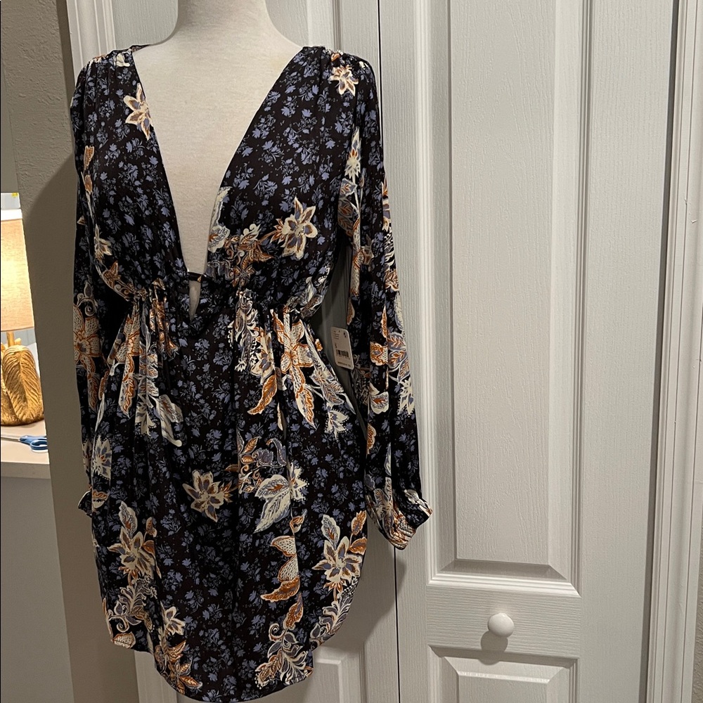 Free People Navy Floral Mini Dress with Yellow and Light Blue Print